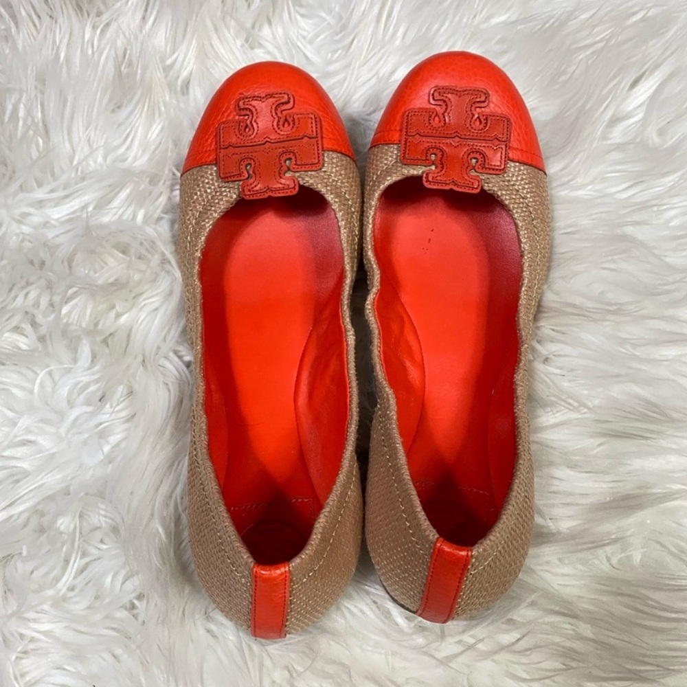TORY BURCH Carita $298 Raffia Straw / Orange Leather Ballet Ballerina Flats 9.5